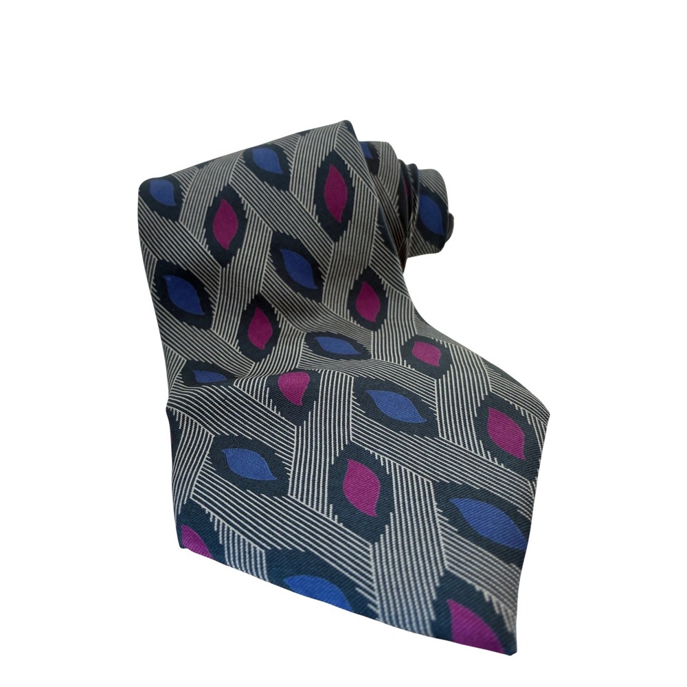 Vintage Geometric Silk Tie Blue Magenta Grey Striped Pattern Mens Necktie
